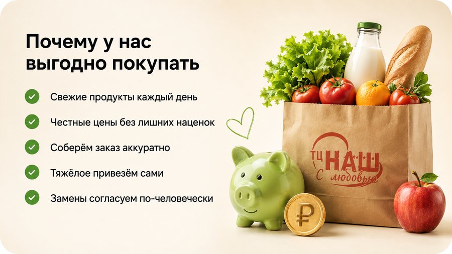 Почему у нас выгодно покупать: свежие продукты каждый день, честные цены, аккуратная сборка, тяжёлое привезём сами, замены согласуем по-человечески